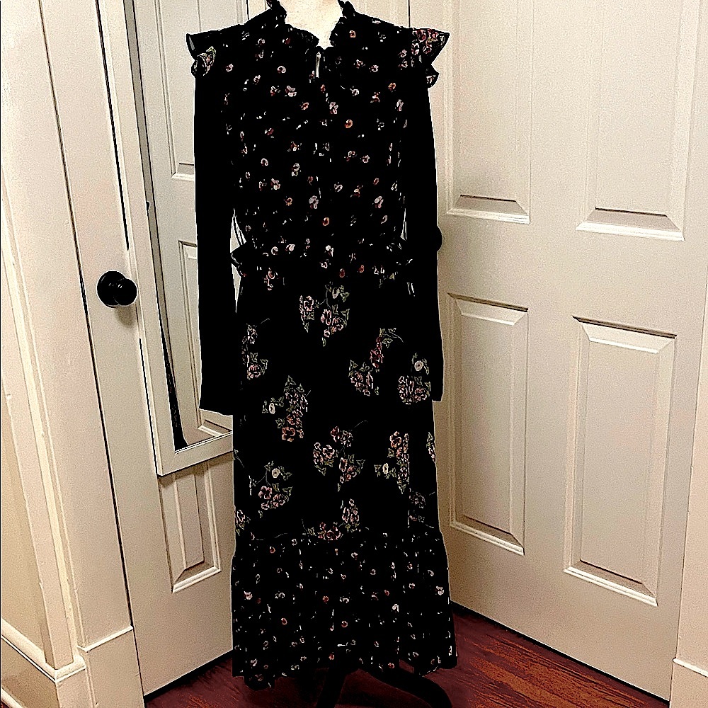 Taylor Maxi Dress Black with Pink& Green Floral Print Hi Low Hem Poly Silk Sz 8